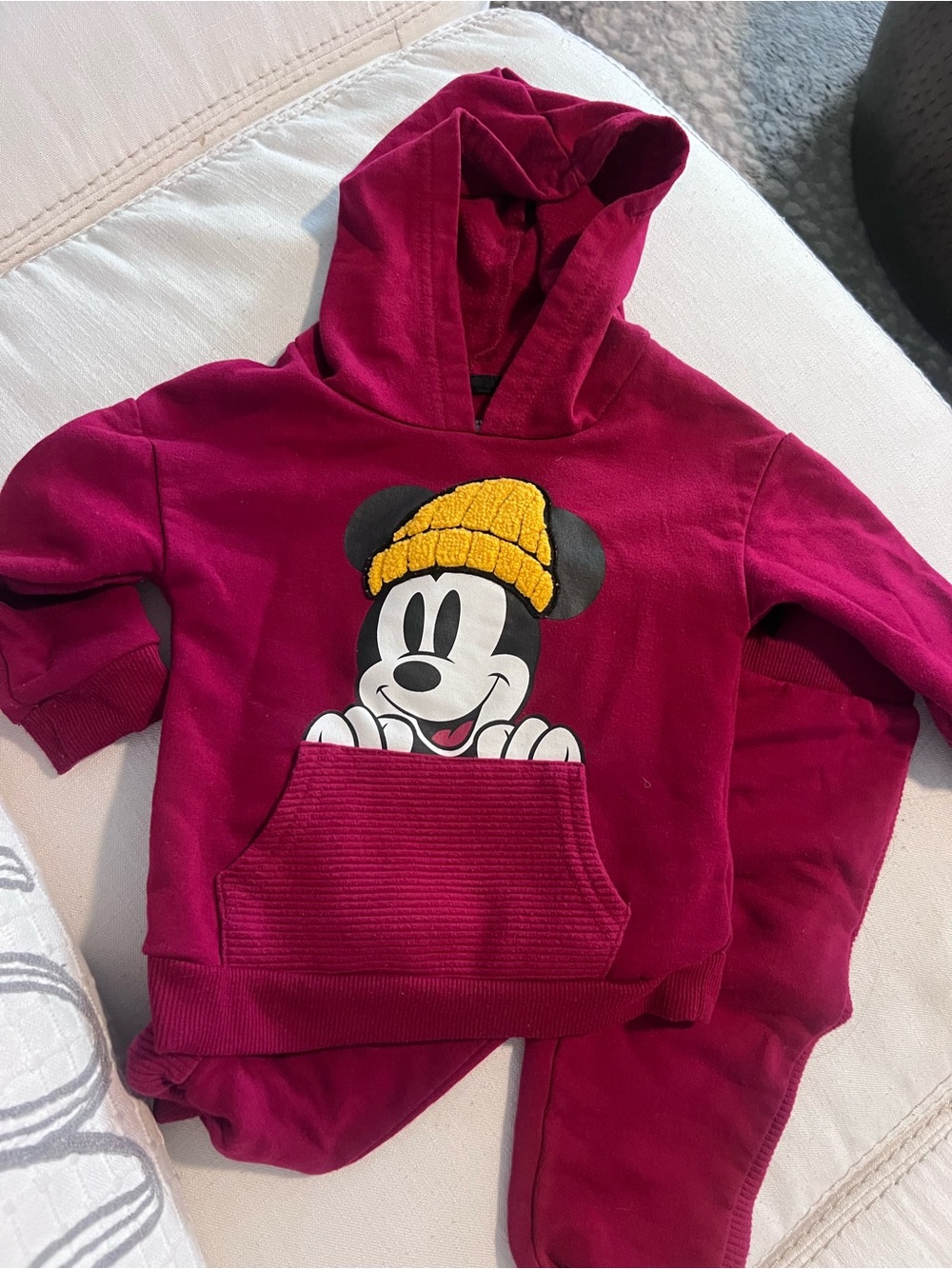 Disney Kids' Mickey Mouse Maroon Hoodie with Yellow Hat Graphic